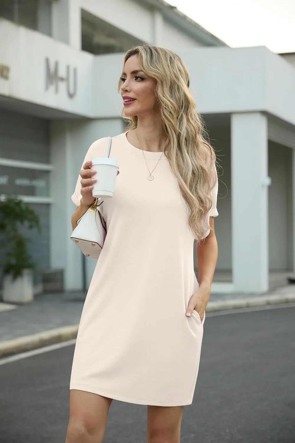 GRECERELLE Women's Summer Short Sleeve Tee Shirt Dress Crew Neck Casual Mini Sundress with Pockets