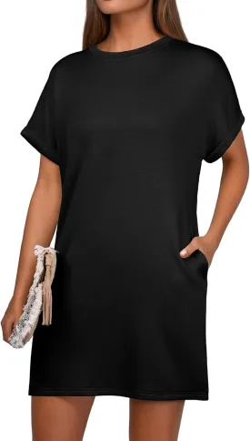 GRECERELLE Women's Summer Short Sleeve Tee Shirt Dress Crew Neck Casual Mini Sundress with Pockets