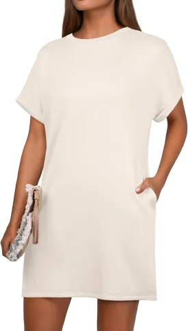 GRECERELLE Women's Summer Short Sleeve Tee Shirt Dress Crew Neck Casual Mini Sundress with Pockets