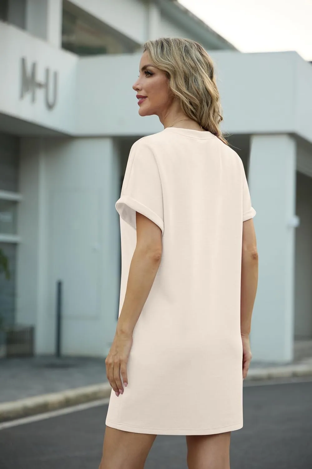 GRECERELLE Women's Summer Short Sleeve Tee Shirt Dress Crew Neck Casual Mini Sundress with Pockets