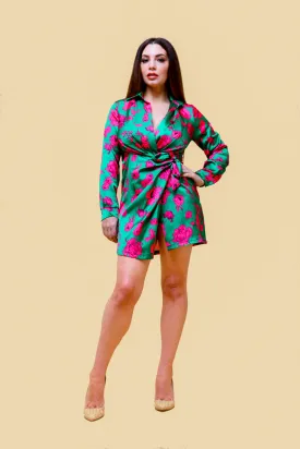 Green and Pink Floral Print Shirt Collar Wrap Dress