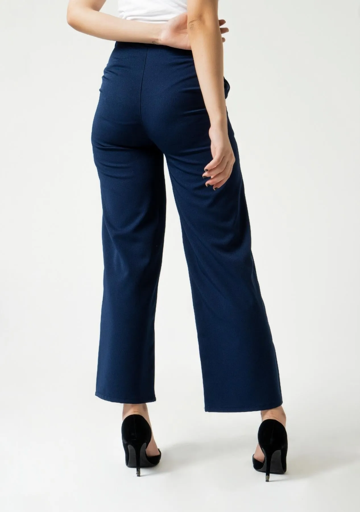 High Rise Wide Leg Pant w Pocket - navy blue
