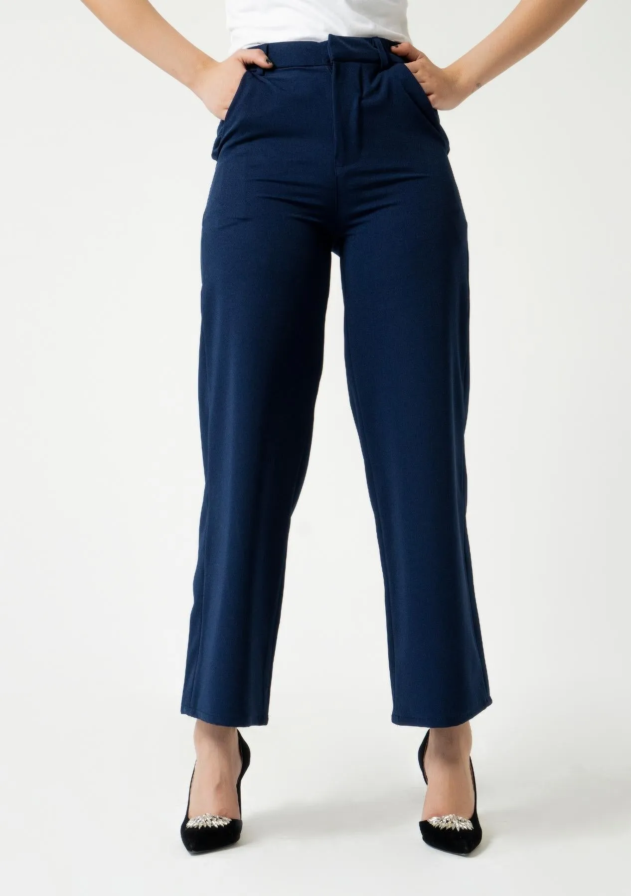 High Rise Wide Leg Pant w Pocket - navy blue