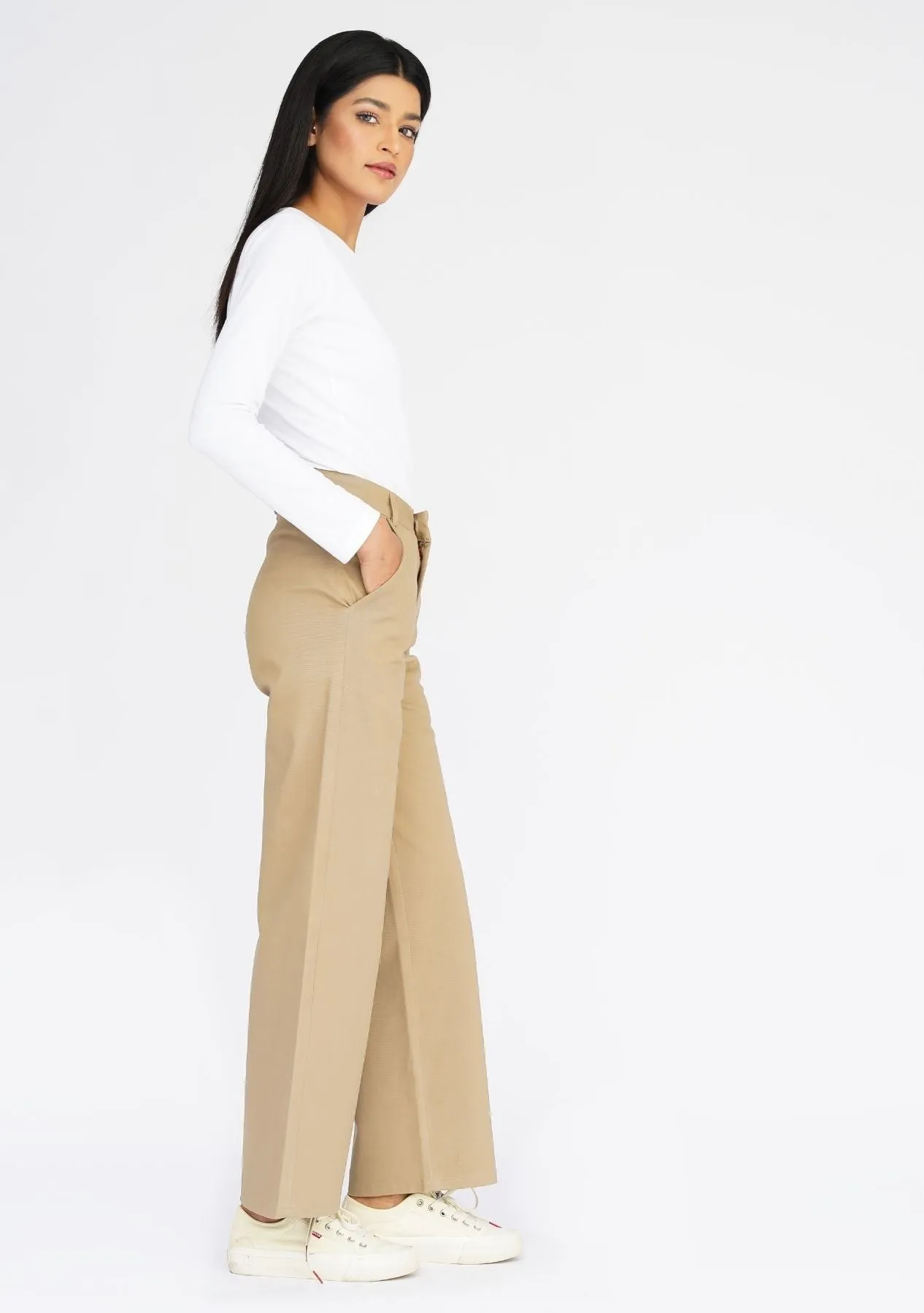 High Rise Wide Leg Pant with Pocket - Camel Brown