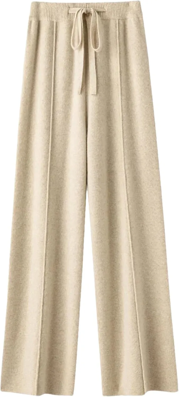Hndudnff Women Loose Wool Knit Wide Leg Pants Winter Warm Floor Length Soft Long Trousers