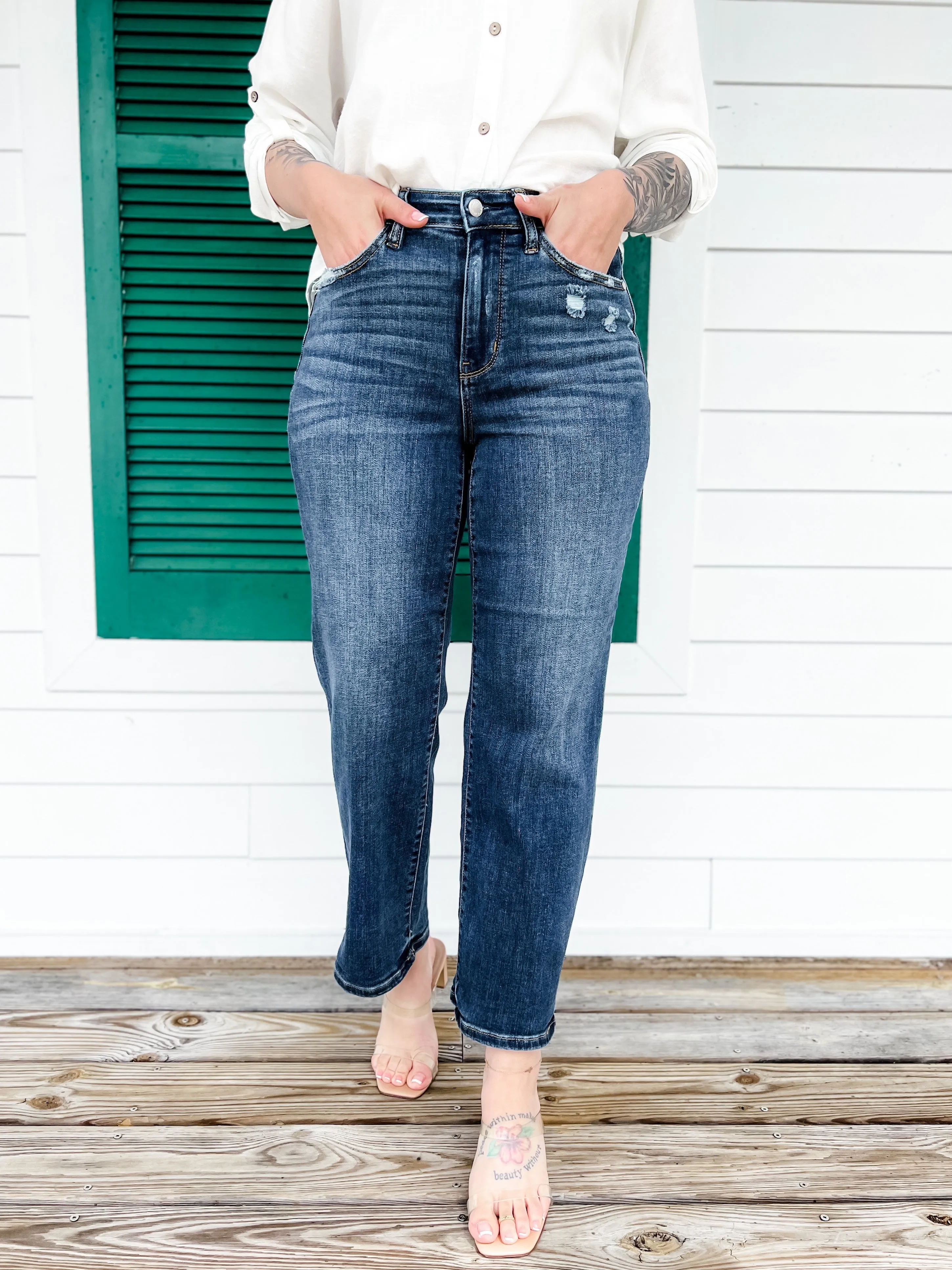Judy Blue  True Obsession Dark Wash Destroyed Pocket Wide Leg Jeans