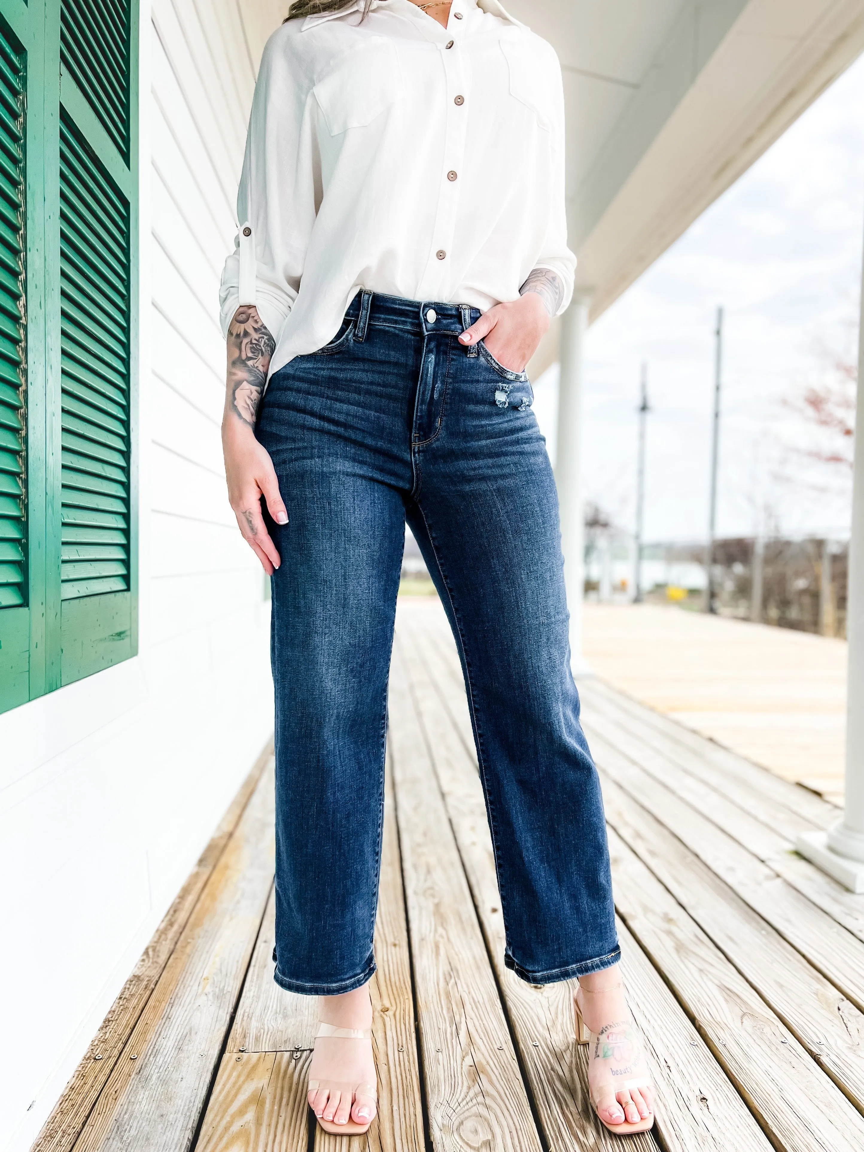Judy Blue  True Obsession Dark Wash Destroyed Pocket Wide Leg Jeans