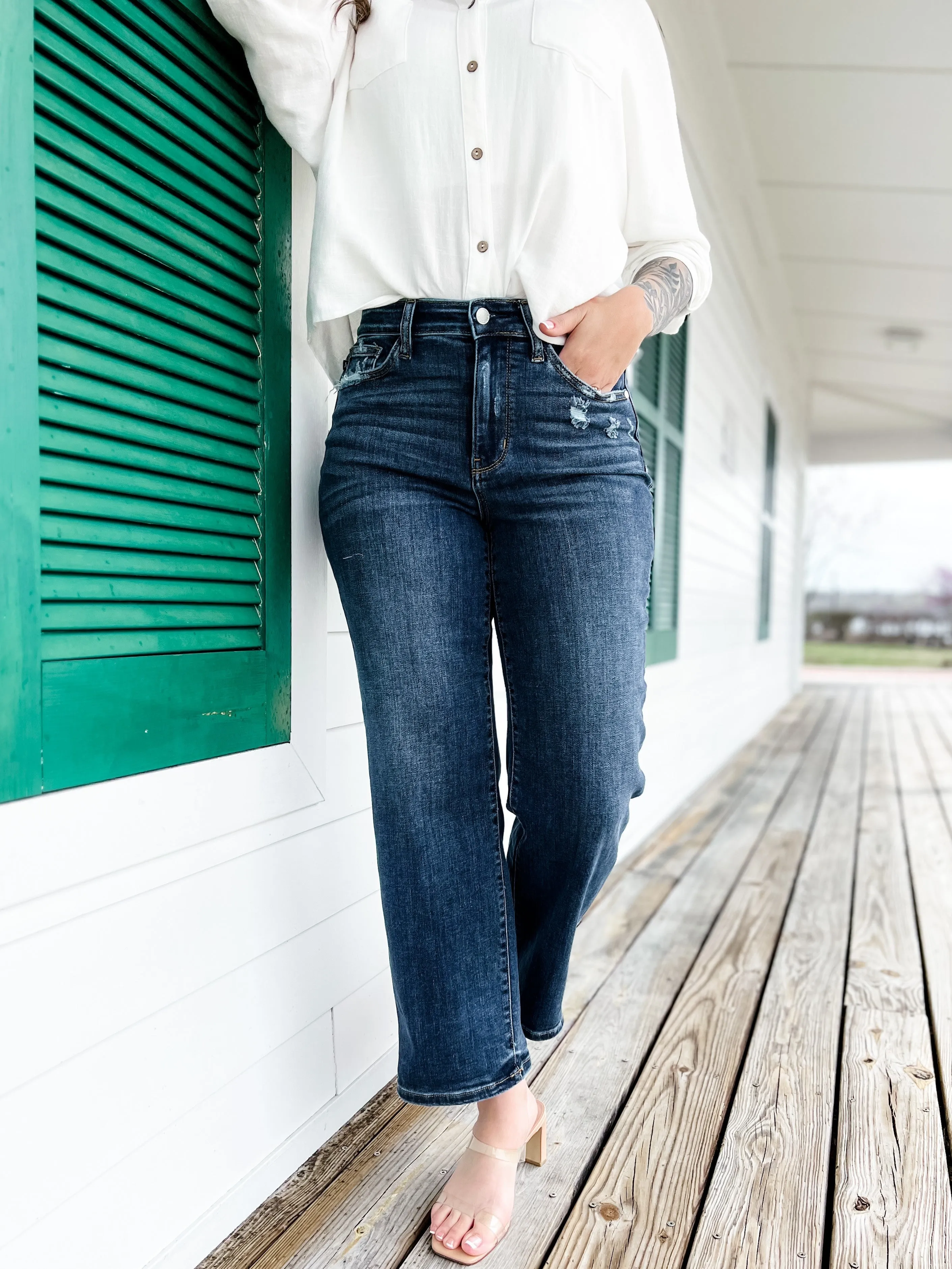 Judy Blue  True Obsession Dark Wash Destroyed Pocket Wide Leg Jeans