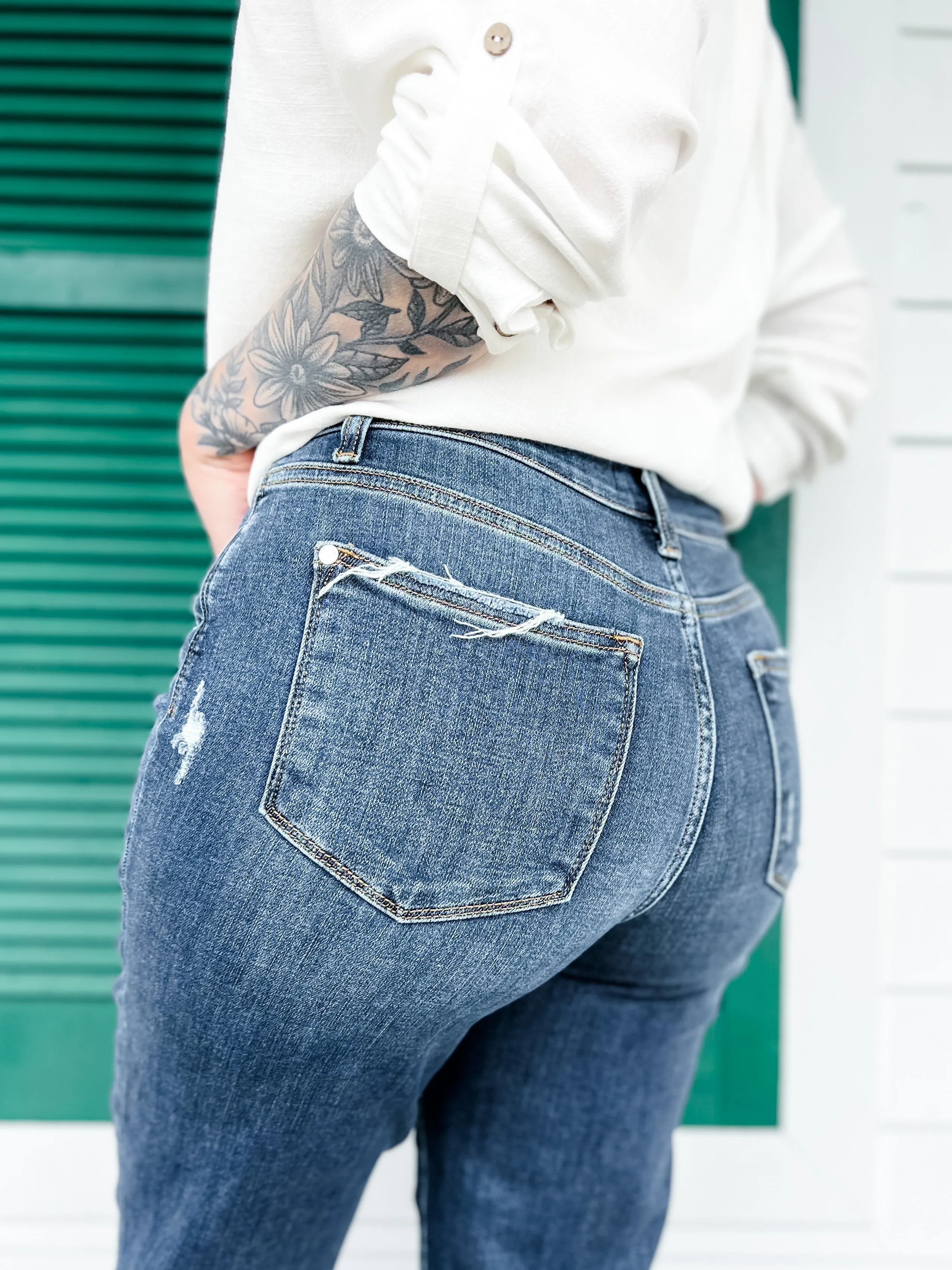 Judy Blue  True Obsession Dark Wash Destroyed Pocket Wide Leg Jeans