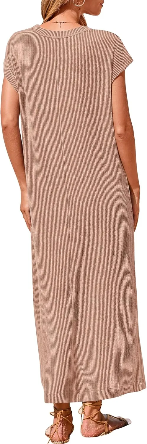 KIRUNDO Womens Summer Dresses Ribbed Knit Henley Short Sleeve Maxi Dress Button Up Loose Slit Beach Vacation Sundress