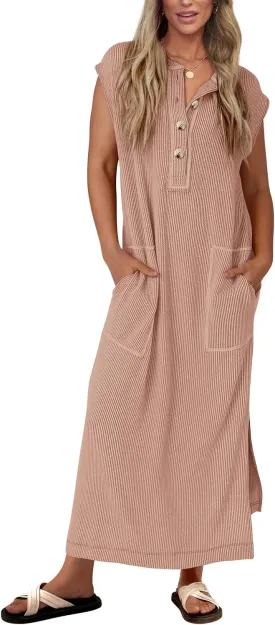 KIRUNDO Womens Summer Dresses Ribbed Knit Henley Short Sleeve Maxi Dress Button Up Loose Slit Beach Vacation Sundress