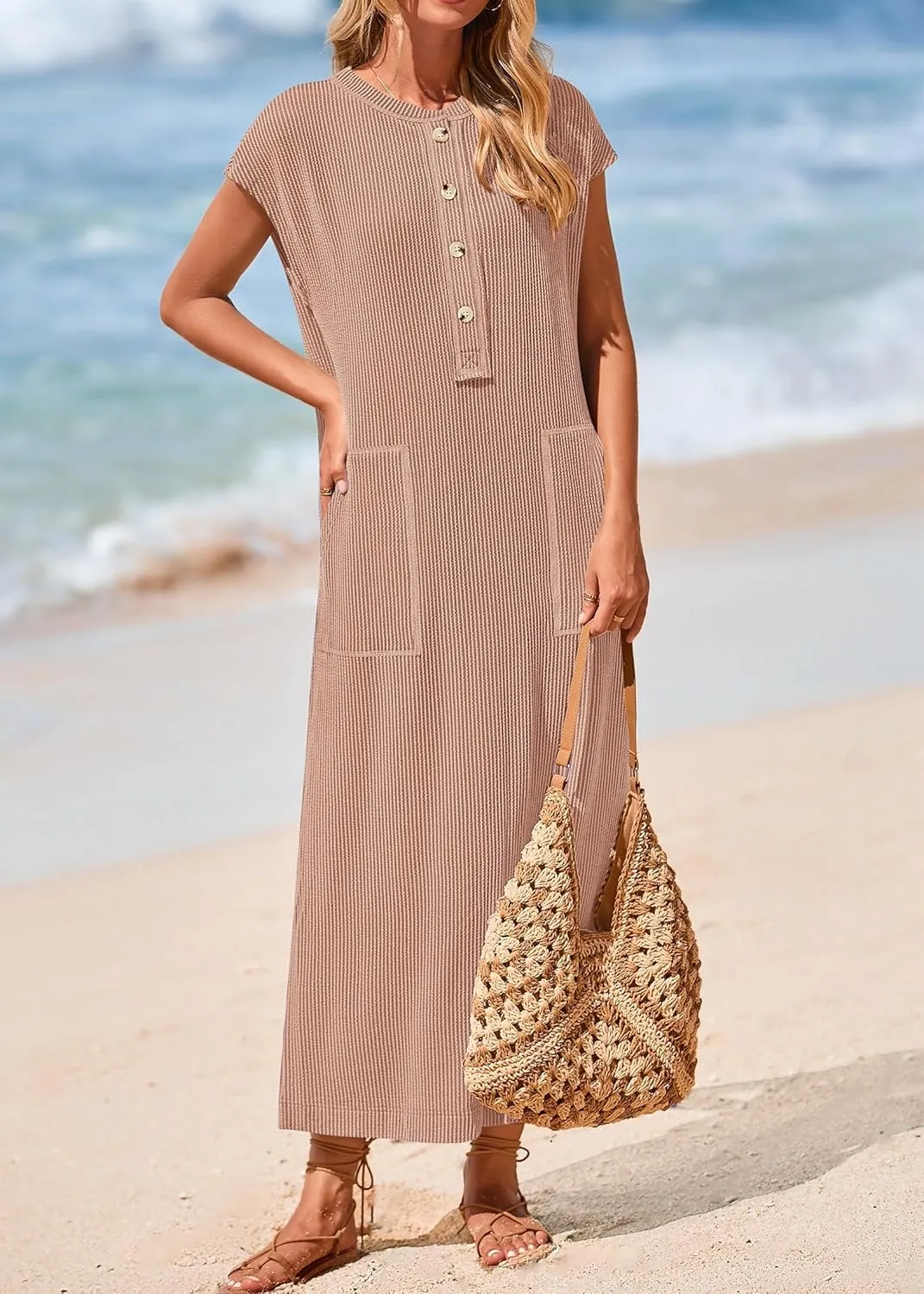 KIRUNDO Womens Summer Dresses Ribbed Knit Henley Short Sleeve Maxi Dress Button Up Loose Slit Beach Vacation Sundress