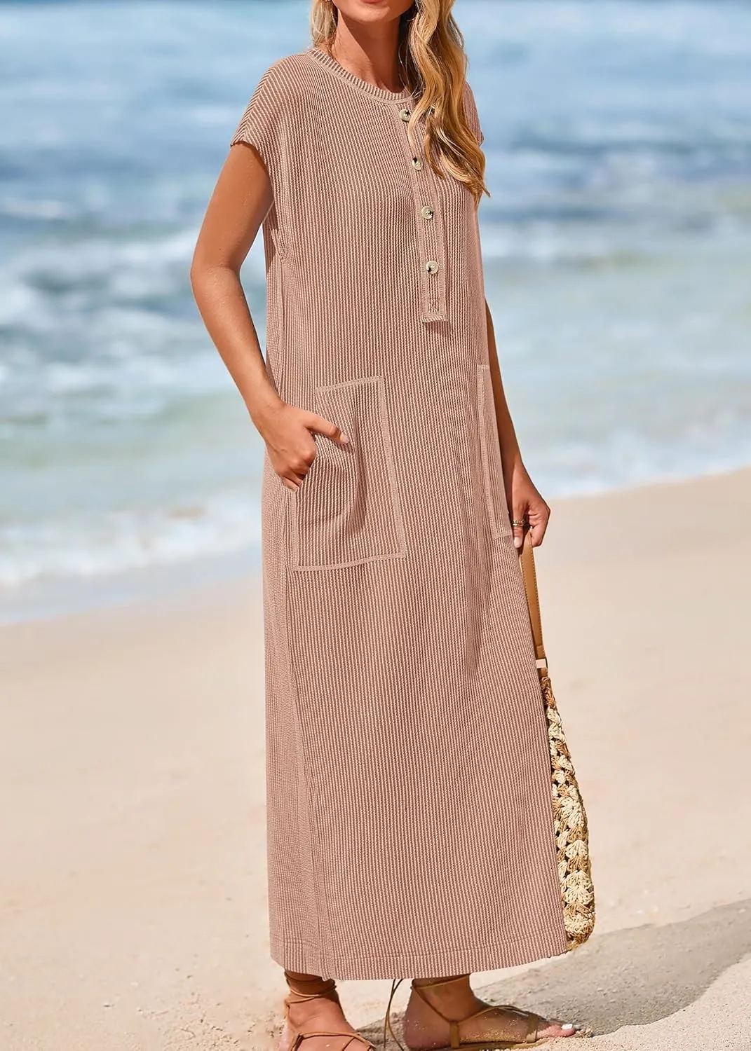 KIRUNDO Womens Summer Dresses Ribbed Knit Henley Short Sleeve Maxi Dress Button Up Loose Slit Beach Vacation Sundress