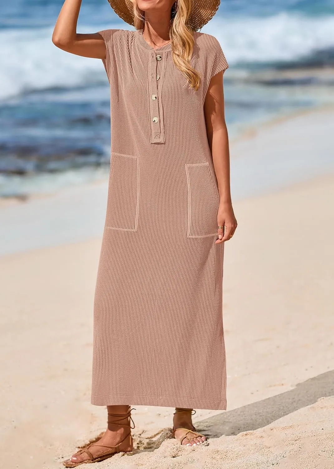 KIRUNDO Womens Summer Dresses Ribbed Knit Henley Short Sleeve Maxi Dress Button Up Loose Slit Beach Vacation Sundress