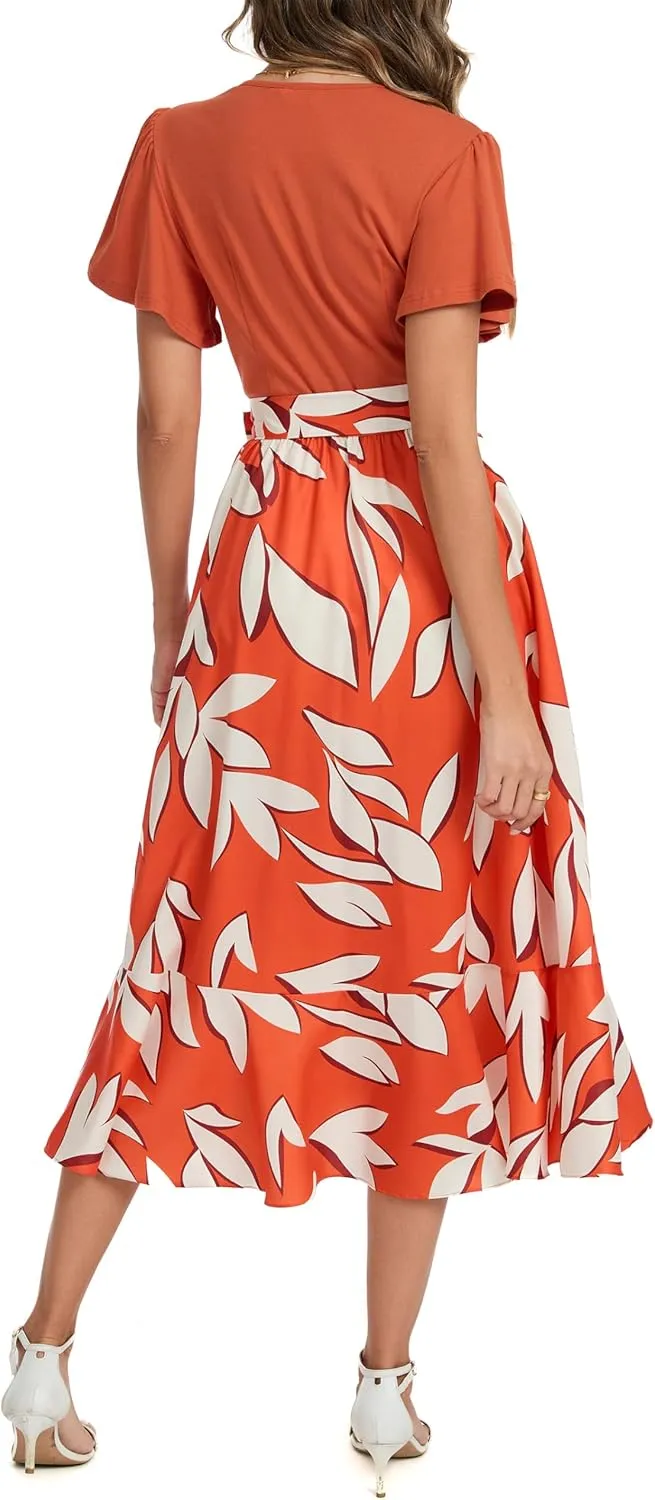 Kormei Women's Summer V Neck Short Sleeve Casual Boho Floral High Low Flowy Party Beach Long Maxi Dress