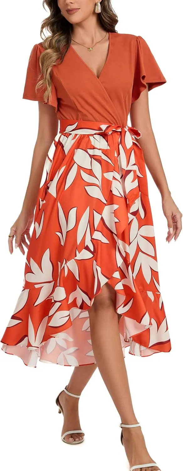 Kormei Women's Summer V Neck Short Sleeve Casual Boho Floral High Low Flowy Party Beach Long Maxi Dress