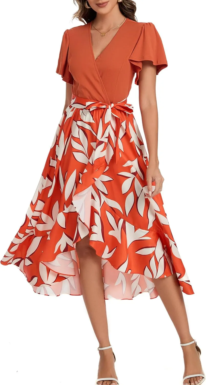 Kormei Women's Summer V Neck Short Sleeve Casual Boho Floral High Low Flowy Party Beach Long Maxi Dress