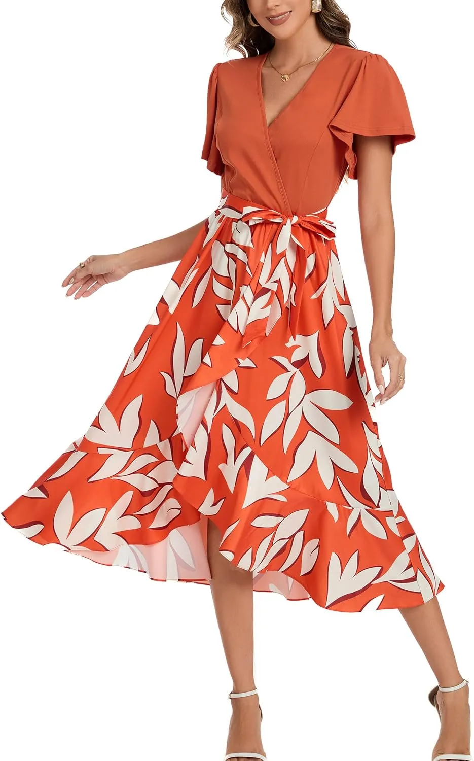 Kormei Women's Summer V Neck Short Sleeve Casual Boho Floral High Low Flowy Party Beach Long Maxi Dress