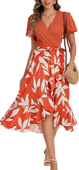 Kormei Women's Summer V Neck Short Sleeve Casual Boho Floral High Low Flowy Party Beach Long Maxi Dress