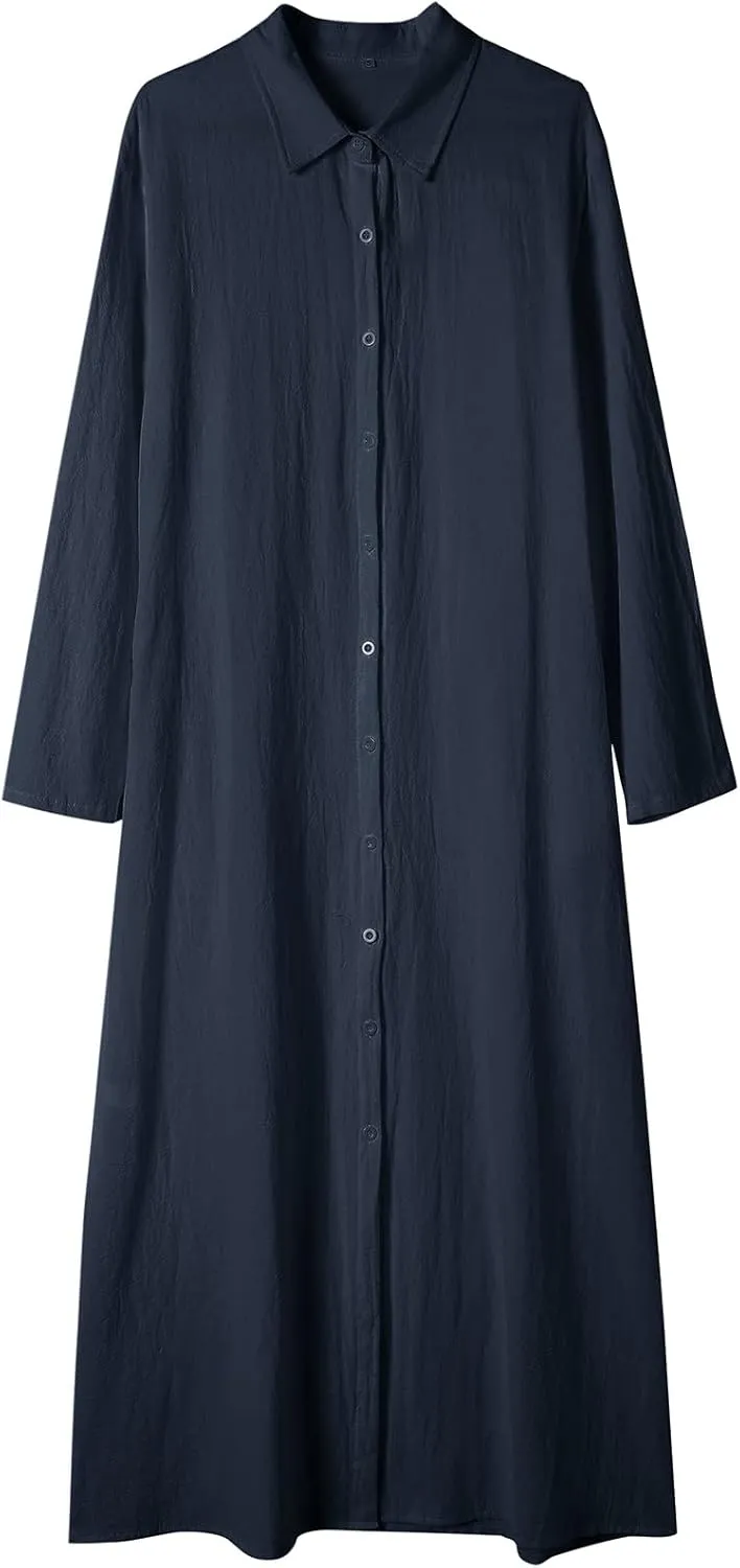 Ladyful Women's Button Down Cotton Linen Shirt Dress Long Sleeve Maxi Shirtdress Beach Summer Dress Pockets