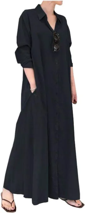 Ladyful Women's Button Down Cotton Linen Shirt Dress Long Sleeve Maxi Shirtdress Beach Summer Dress Pockets