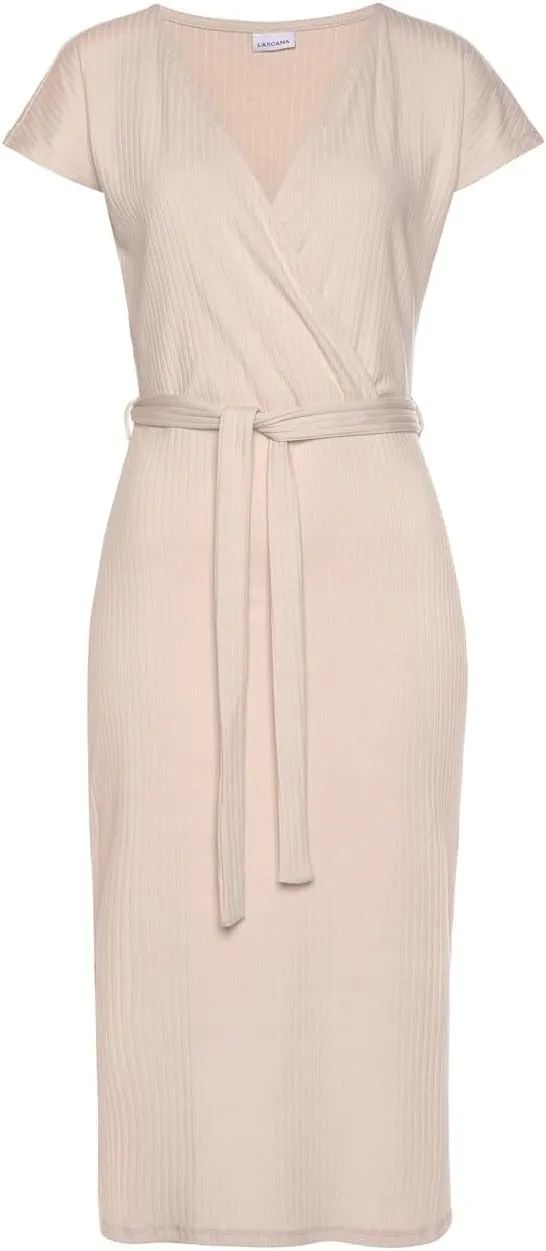 LASCANA Women's Ribbed Knit Midi Dress with Wrap V-Neck, Tie Belt, Short Sleeves, Side Slits