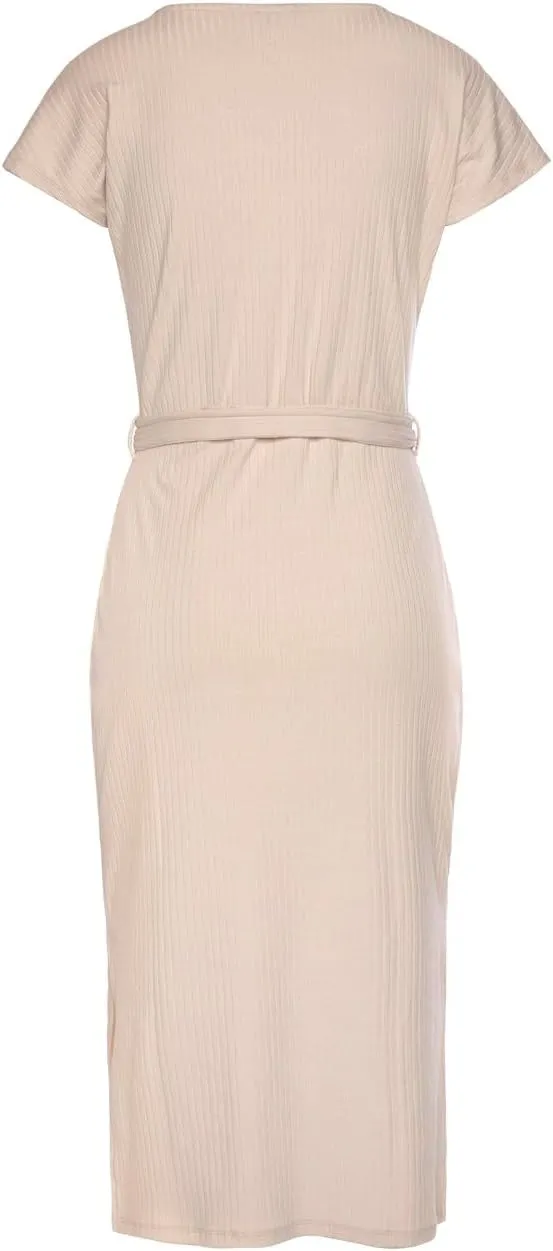 LASCANA Women's Ribbed Knit Midi Dress with Wrap V-Neck, Tie Belt, Short Sleeves, Side Slits
