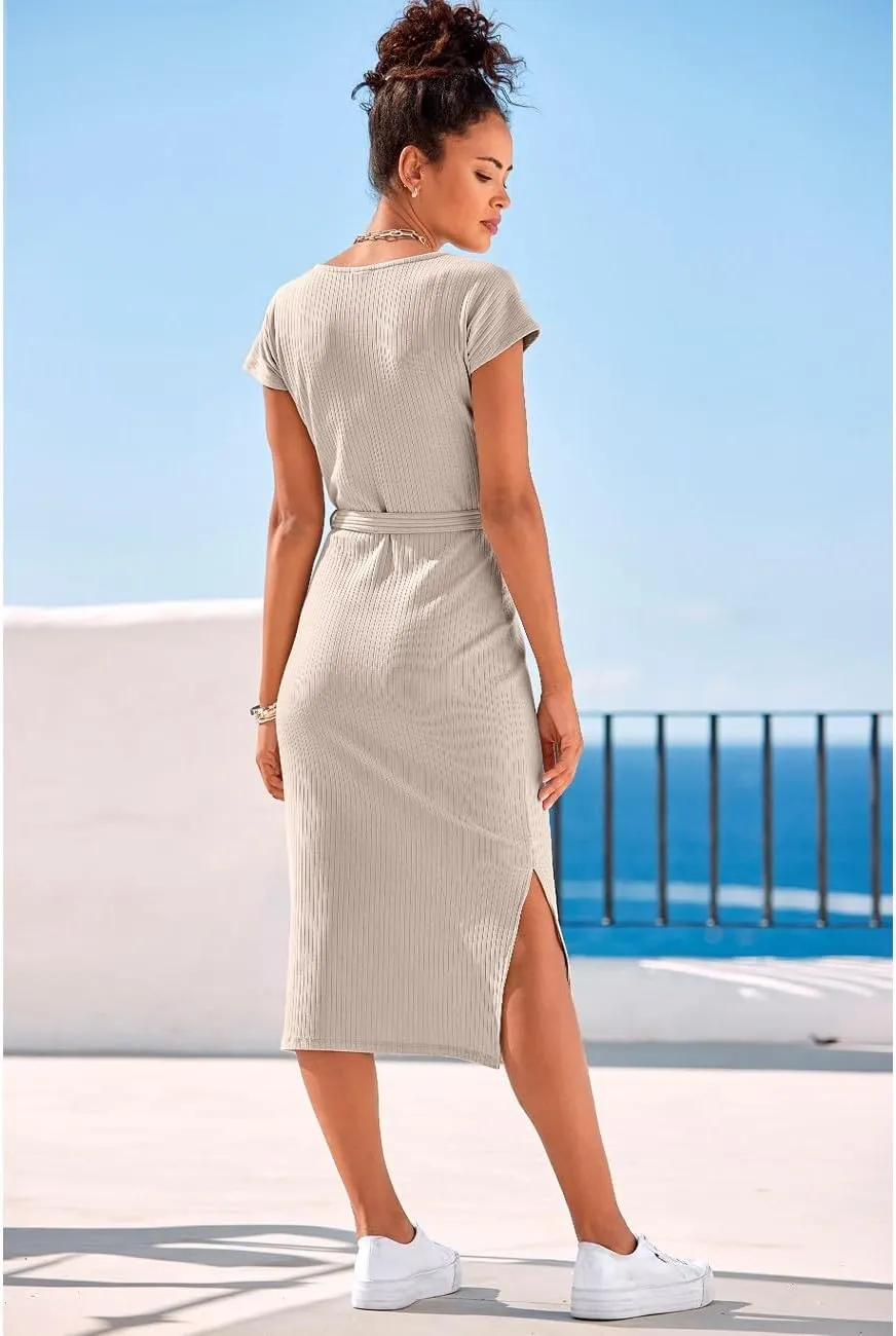 LASCANA Women's Ribbed Knit Midi Dress with Wrap V-Neck, Tie Belt, Short Sleeves, Side Slits