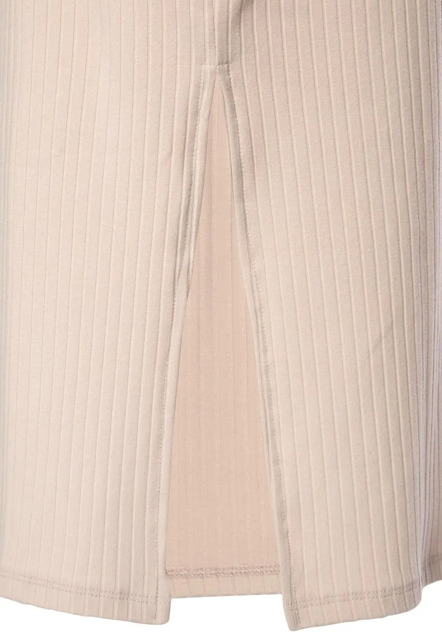 LASCANA Women's Ribbed Knit Midi Dress with Wrap V-Neck, Tie Belt, Short Sleeves, Side Slits
