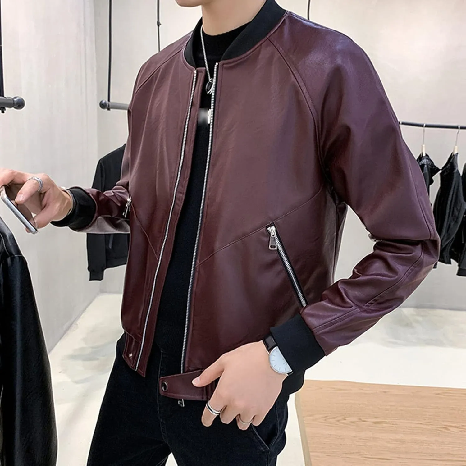 Maiyifu-GJ Men's Faux Leather Full Zip Varsity Jacket Lightweight Casual Baseball Jacket Slim Fit Bomber Coat Streetwear