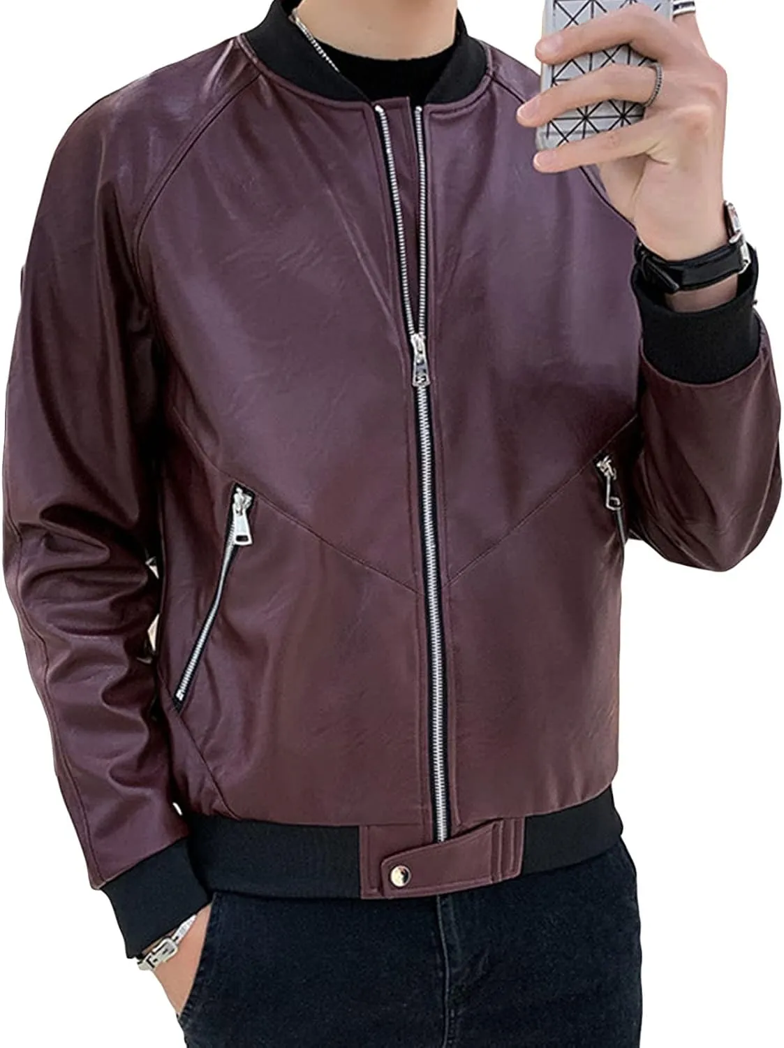 Maiyifu-GJ Men's Faux Leather Full Zip Varsity Jacket Lightweight Casual Baseball Jacket Slim Fit Bomber Coat Streetwear