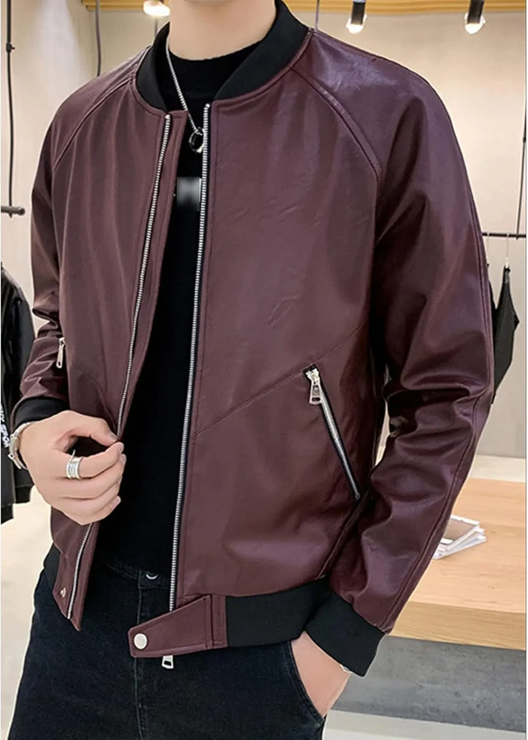 Maiyifu-GJ Men's Faux Leather Full Zip Varsity Jacket Lightweight Casual Baseball Jacket Slim Fit Bomber Coat Streetwear