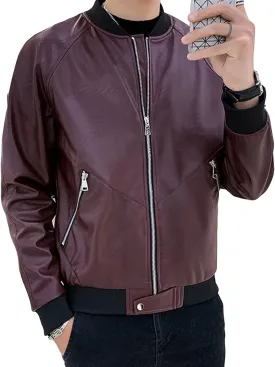 Maiyifu-GJ Men's Faux Leather Full Zip Varsity Jacket Lightweight Casual Baseball Jacket Slim Fit Bomber Coat Streetwear