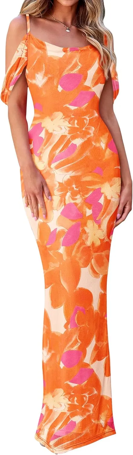 MASCOMODA Spaghetti Strap Long Maxi Dresses for Women 2025 Summer Floral Sexy Bodycon Backless Formal Wedding Guest Dress