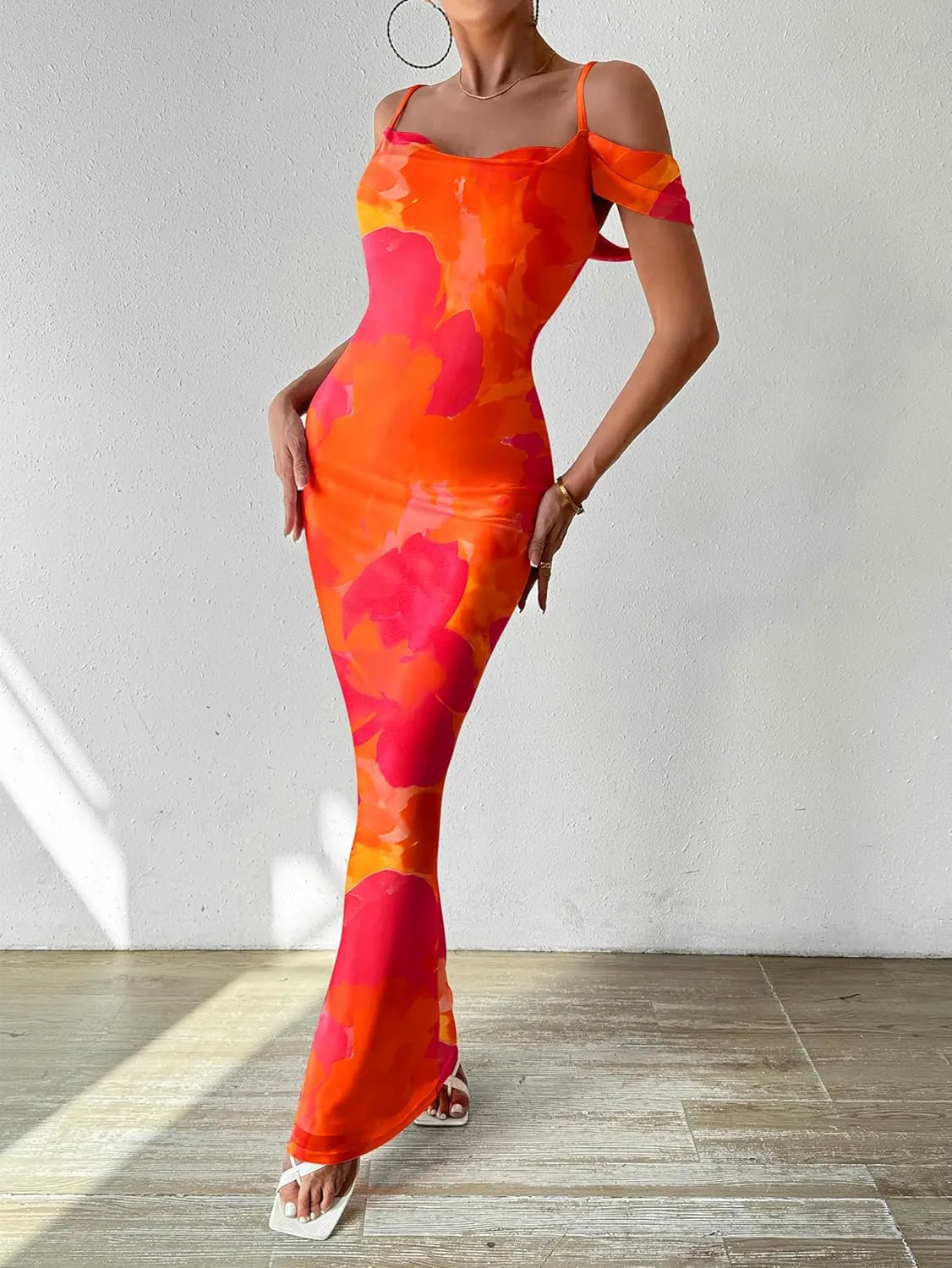 MASCOMODA Spaghetti Strap Long Maxi Dresses for Women 2025 Summer Floral Sexy Bodycon Backless Formal Wedding Guest Dress