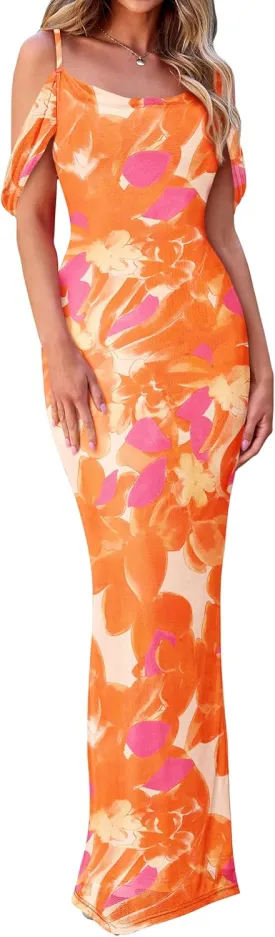 MASCOMODA Spaghetti Strap Long Maxi Dresses for Women 2025 Summer Floral Sexy Bodycon Backless Formal Wedding Guest Dress