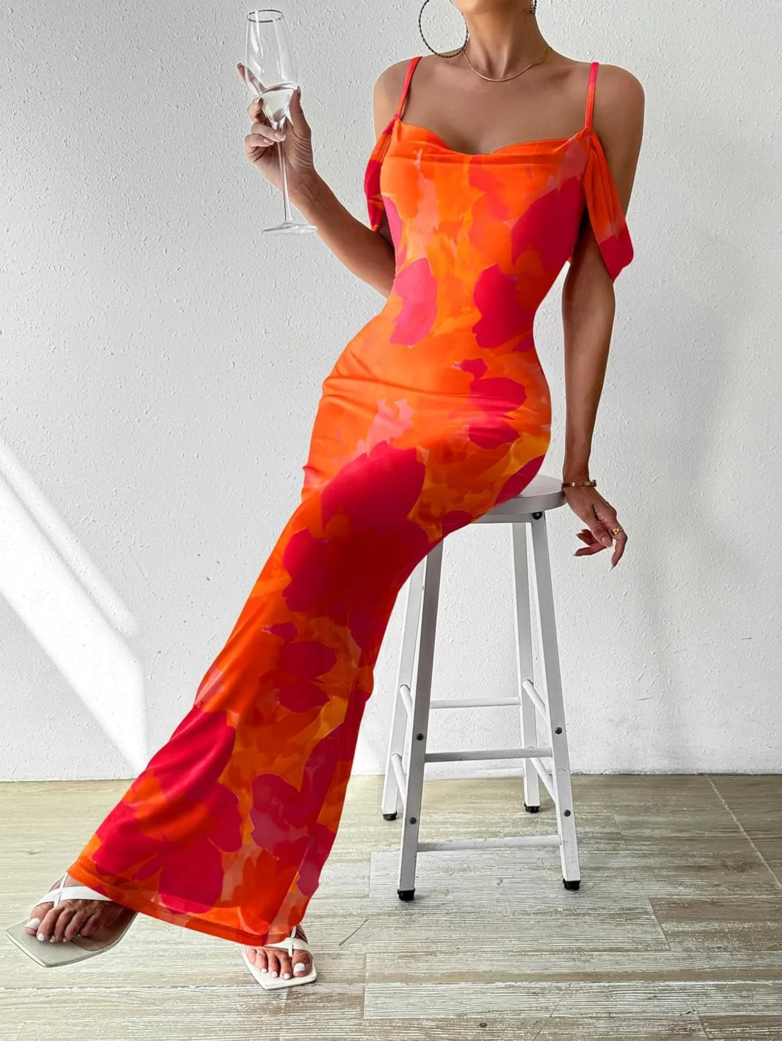 MASCOMODA Spaghetti Strap Long Maxi Dresses for Women 2025 Summer Floral Sexy Bodycon Backless Formal Wedding Guest Dress