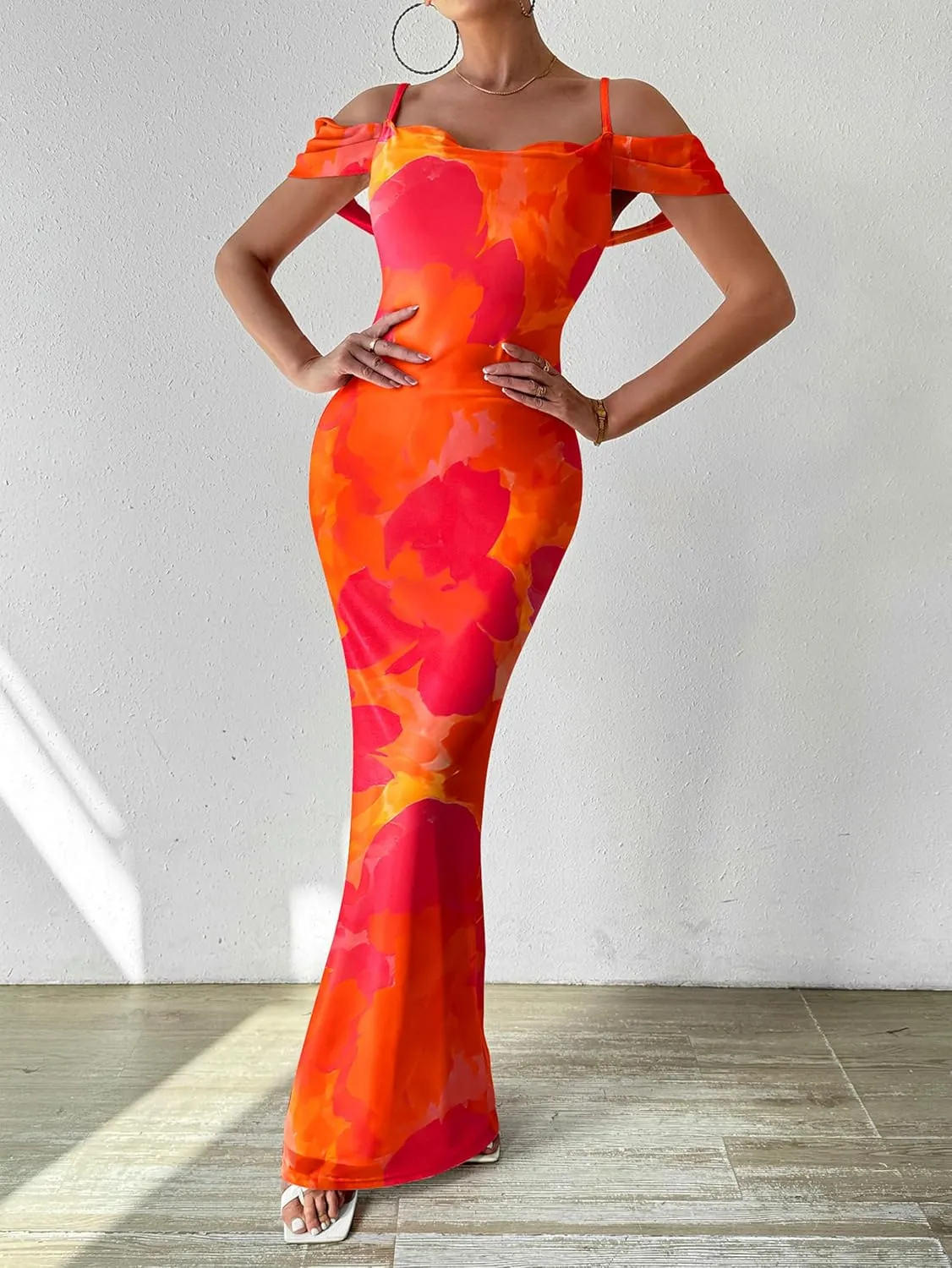 MASCOMODA Spaghetti Strap Long Maxi Dresses for Women 2025 Summer Floral Sexy Bodycon Backless Formal Wedding Guest Dress