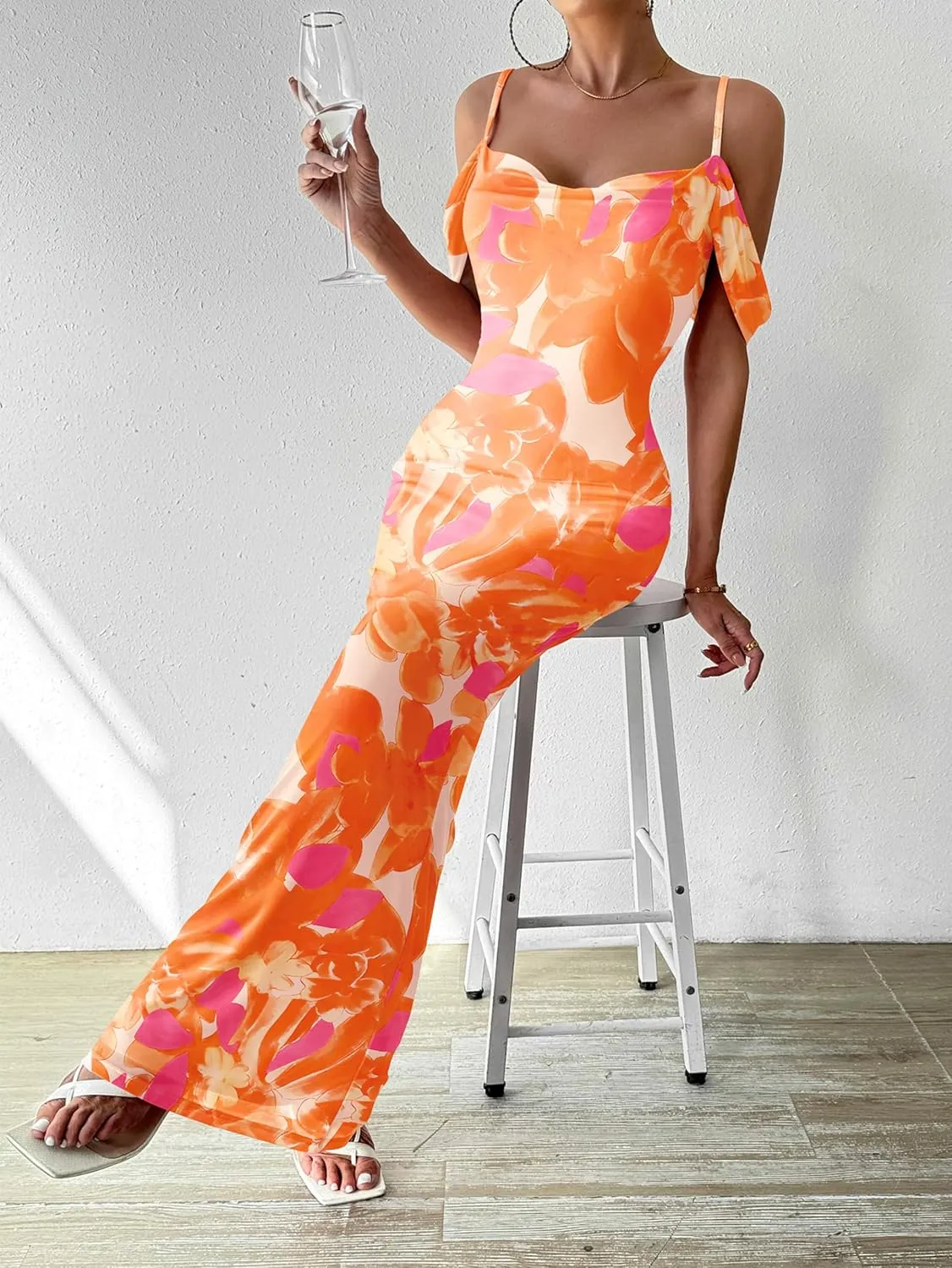 MASCOMODA Spaghetti Strap Long Maxi Dresses for Women 2025 Summer Floral Sexy Bodycon Backless Formal Wedding Guest Dress