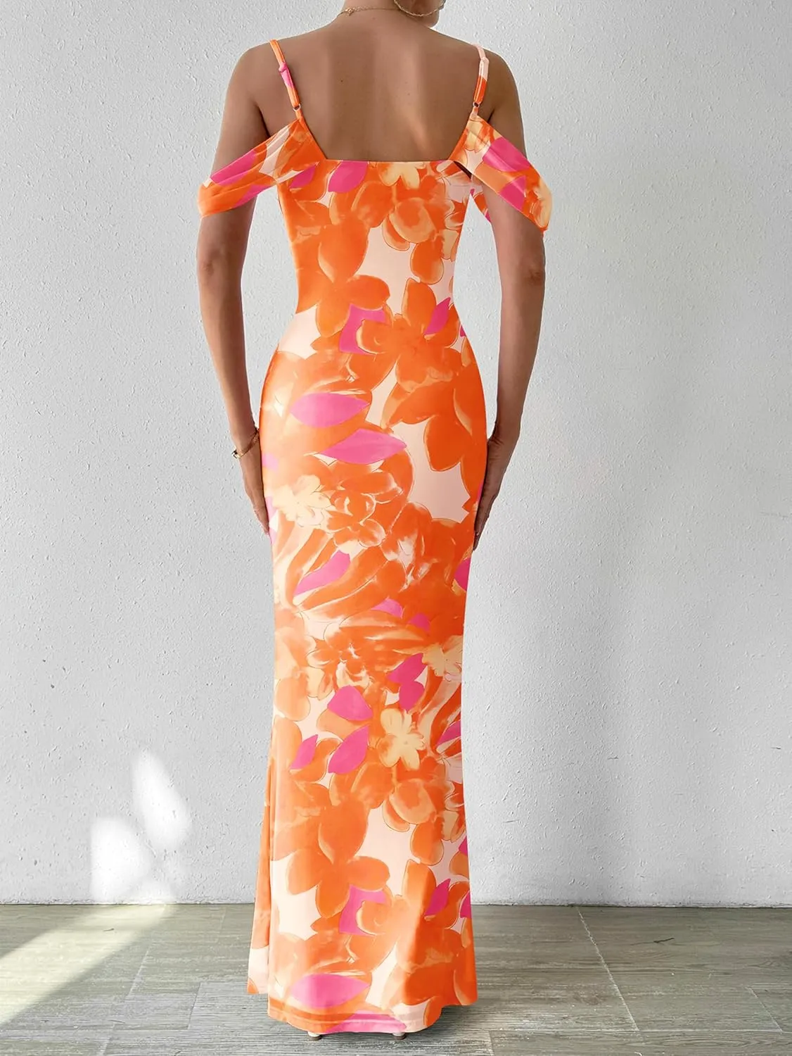 MASCOMODA Spaghetti Strap Long Maxi Dresses for Women 2025 Summer Floral Sexy Bodycon Backless Formal Wedding Guest Dress