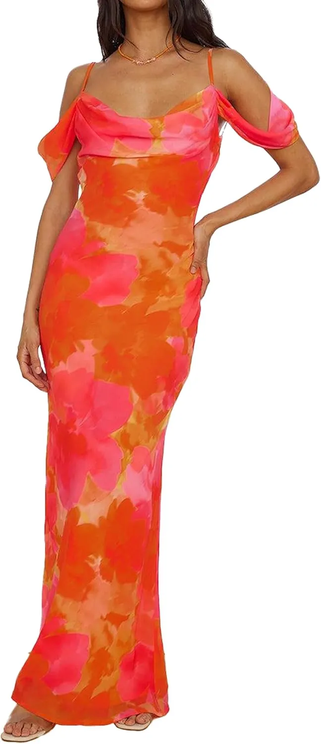MASCOMODA Spaghetti Strap Long Maxi Dresses for Women 2025 Summer Floral Sexy Bodycon Backless Formal Wedding Guest Dress