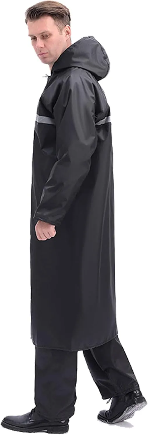 Men's Raincoat Long Black Rain Jacket Hooded Waterproof Emergency Poncho Raincoat Trench Fishing Coat