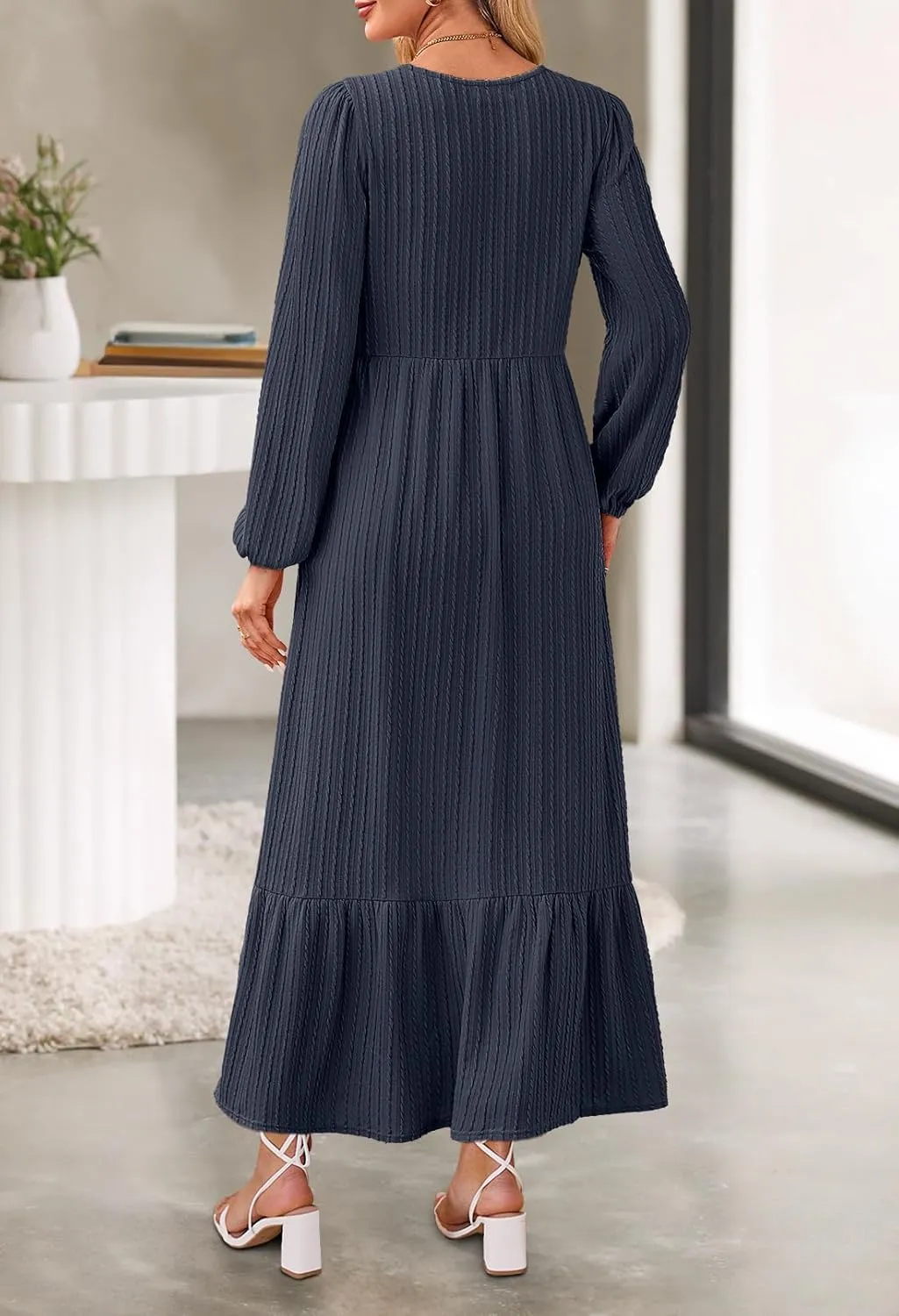 MEROKEETY Women's Fall Long Sleeve Maxi Dresses 2024 Casual Knit Crew Neck Tiered Flowy Pockets Dress