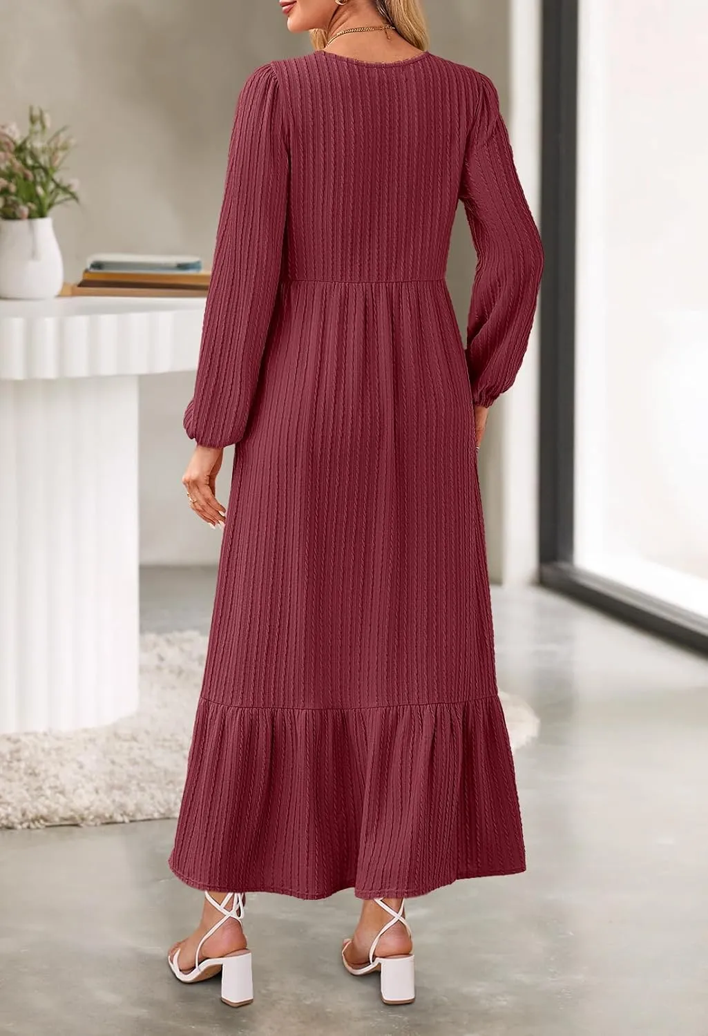 MEROKEETY Women's Fall Long Sleeve Maxi Dresses 2024 Casual Knit Crew Neck Tiered Flowy Pockets Dress