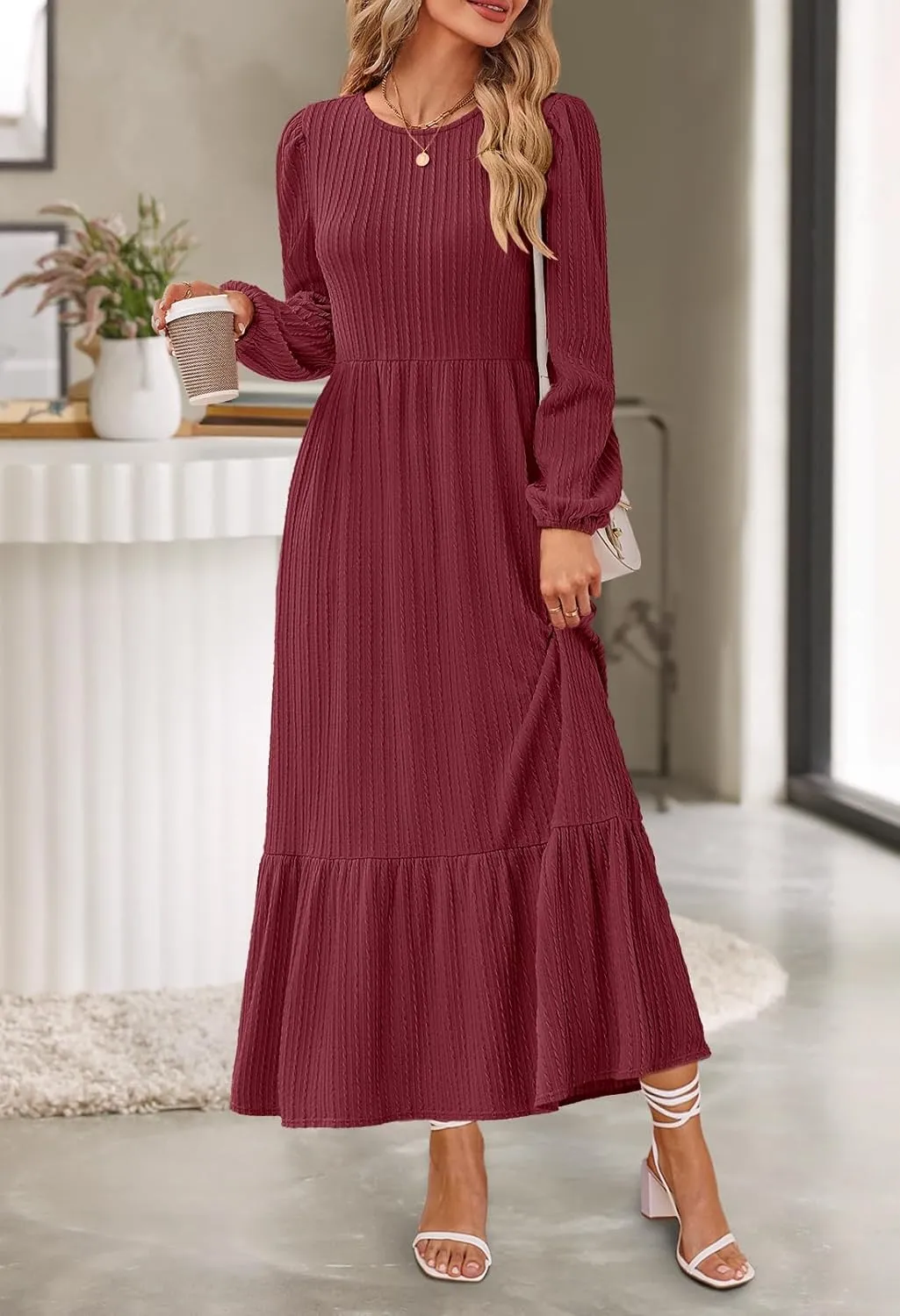 MEROKEETY Women's Fall Long Sleeve Maxi Dresses 2024 Casual Knit Crew Neck Tiered Flowy Pockets Dress