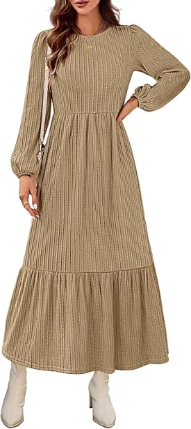MEROKEETY Women's Fall Long Sleeve Maxi Dresses 2024 Casual Knit Crew Neck Tiered Flowy Pockets Dress