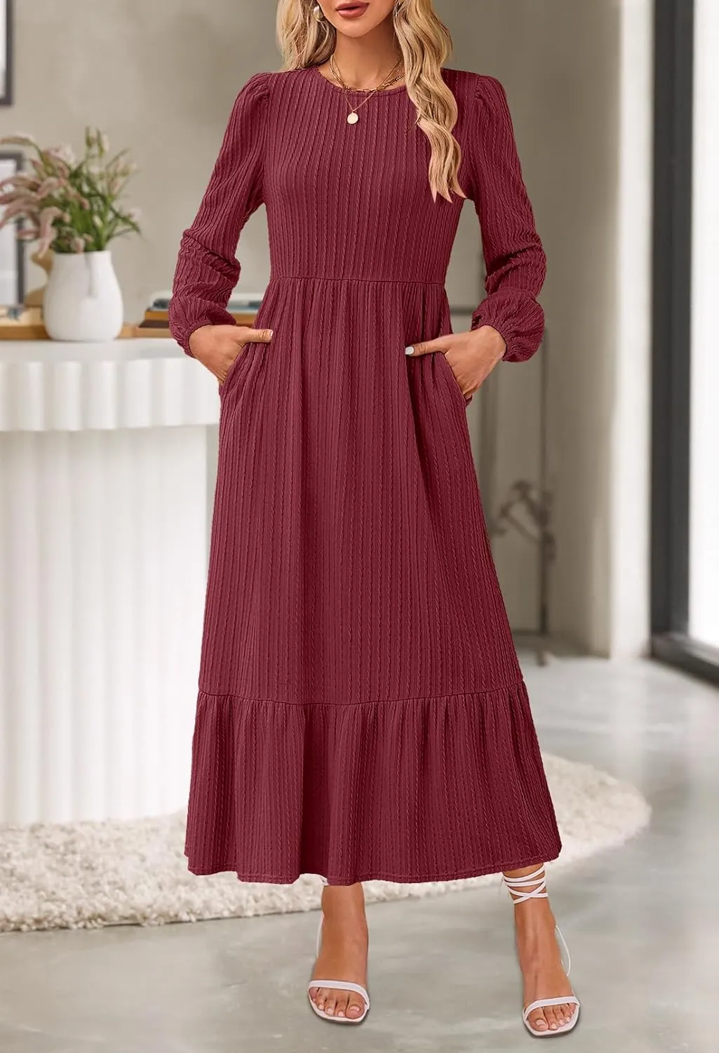 MEROKEETY Women's Fall Long Sleeve Maxi Dresses 2024 Casual Knit Crew Neck Tiered Flowy Pockets Dress