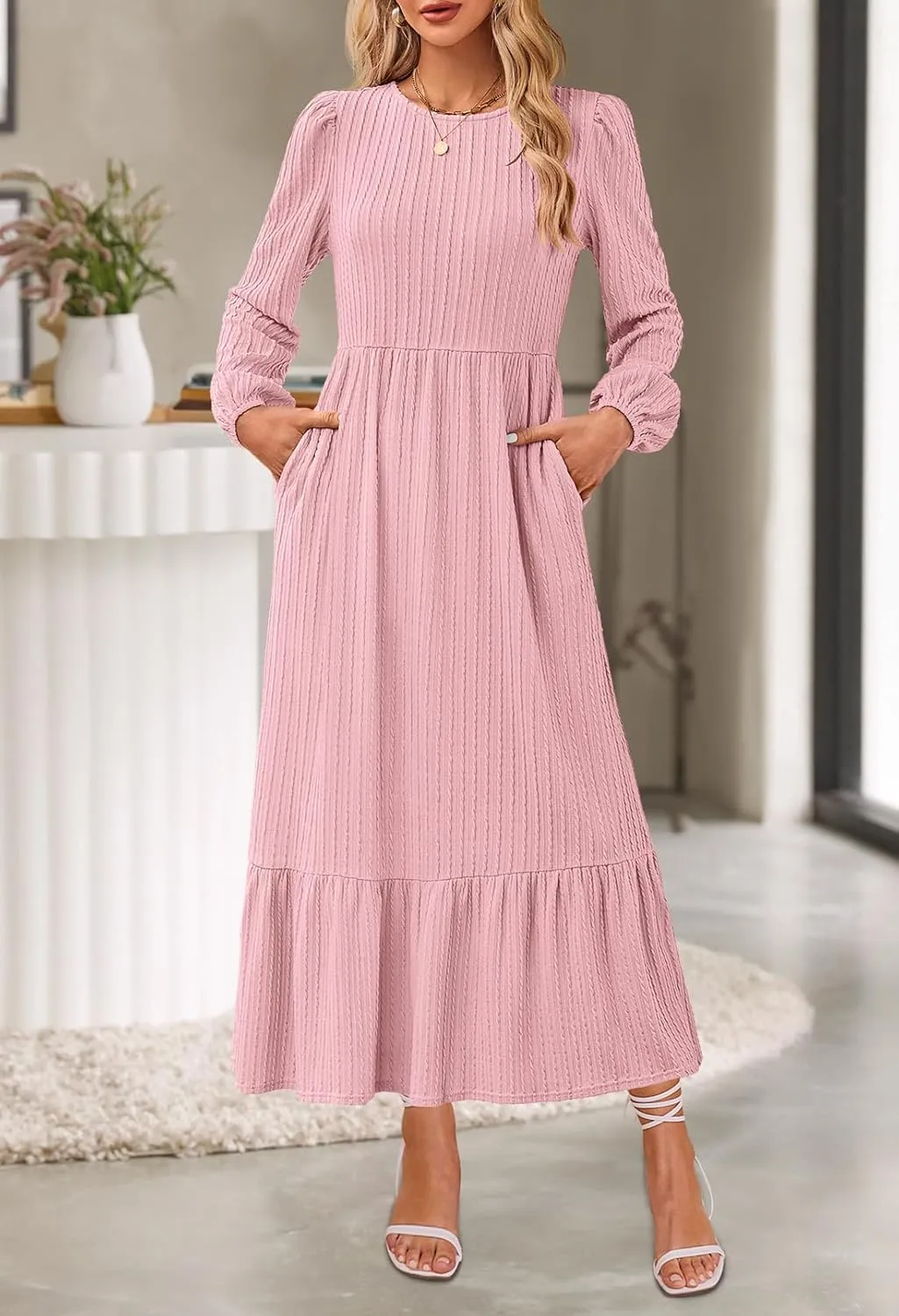 MEROKEETY Women's Fall Long Sleeve Maxi Dresses 2024 Casual Knit Crew Neck Tiered Flowy Pockets Dress