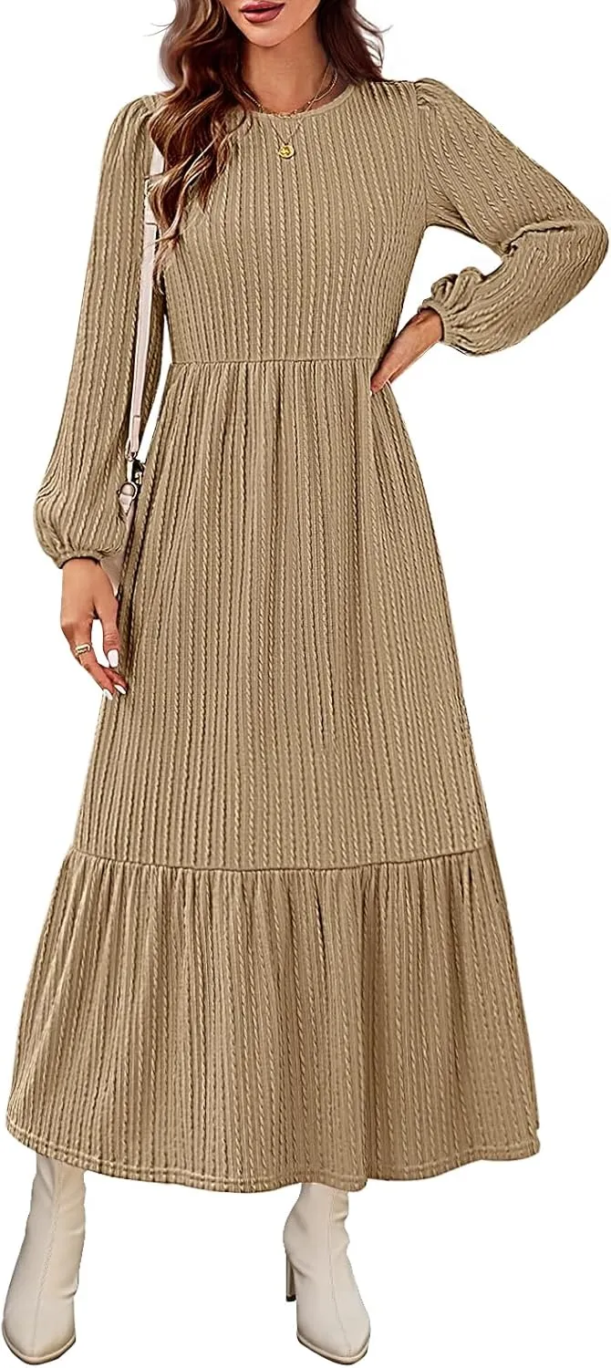 MEROKEETY Women's Fall Long Sleeve Maxi Dresses 2024 Casual Knit Crew Neck Tiered Flowy Pockets Dress