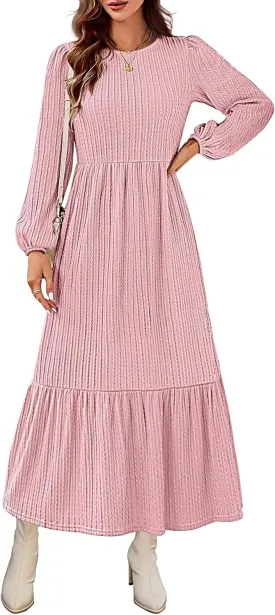 MEROKEETY Women's Fall Long Sleeve Maxi Dresses 2024 Casual Knit Crew Neck Tiered Flowy Pockets Dress